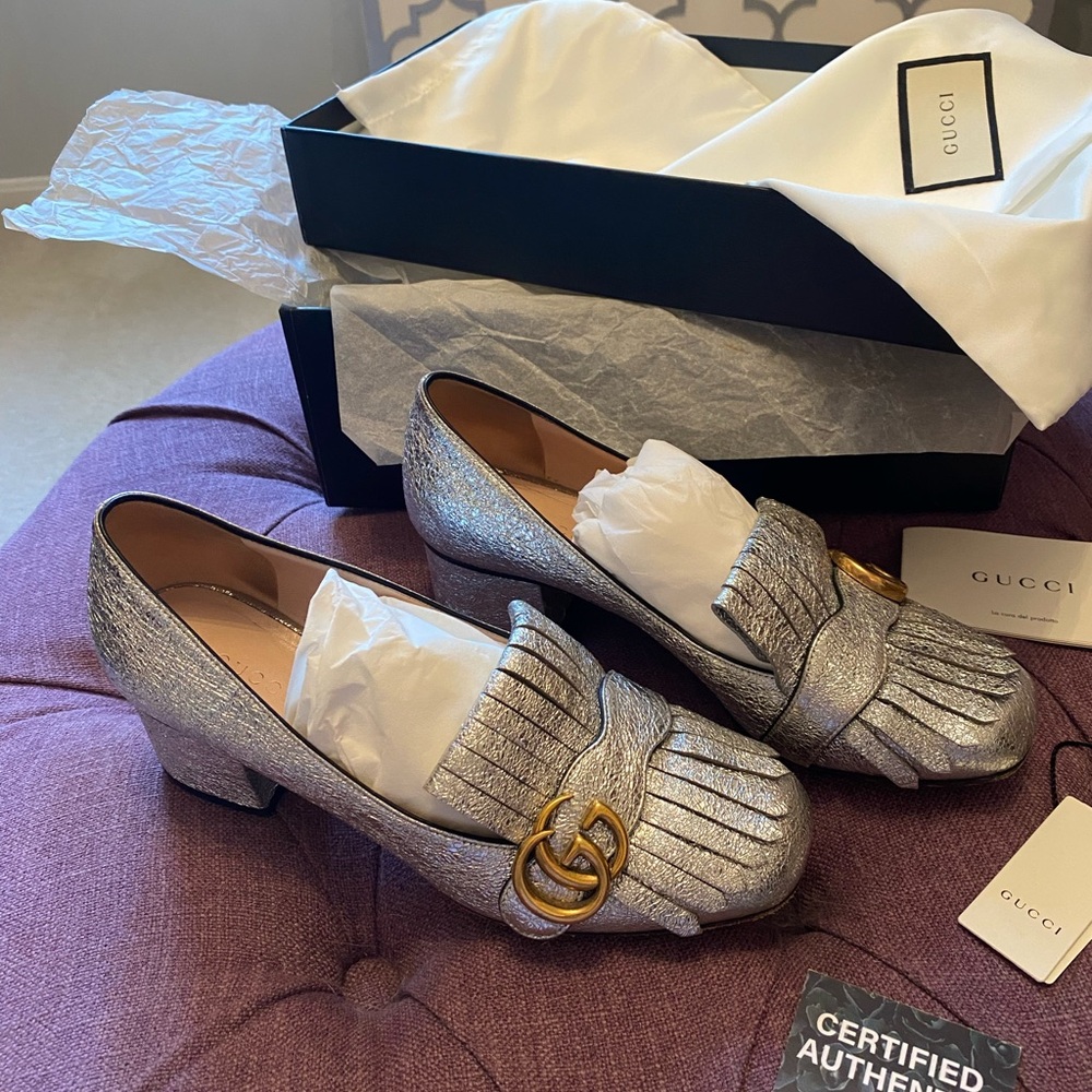 Gucci Marmont Silver Heeled Loafers with Gold Accent